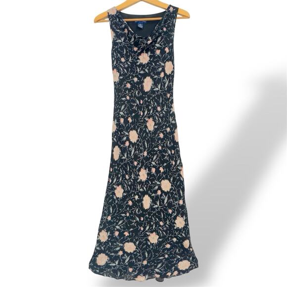 Vintage Silk Floral Print Maxi Dress Bias Cowl Neck Charter Club Sheer Lined 4P - Picture 2 of 11